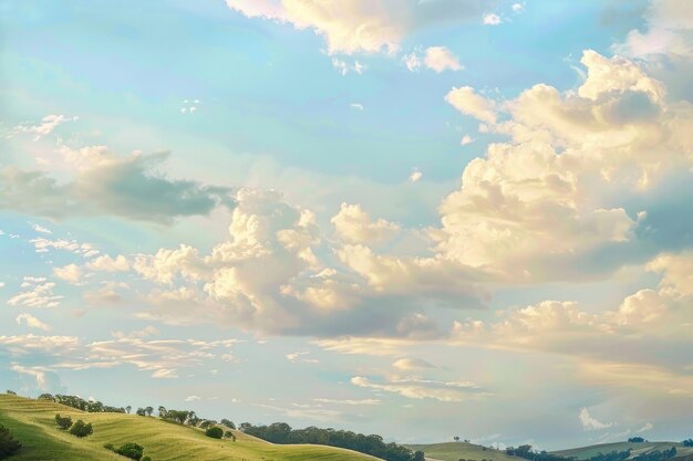 Billowing clouds drifting lazily across a pastel sky casting soothing shadows over rolling hills