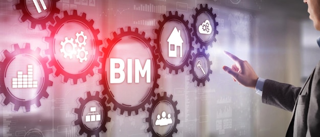 bim building information modeling concept on virtual 3d screen