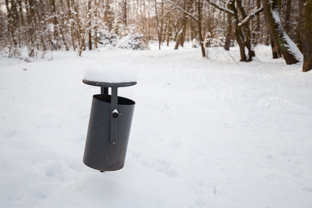 雪の中で冬の路上でビン。雪に覆われたゴミ箱はウィンターパークにあります