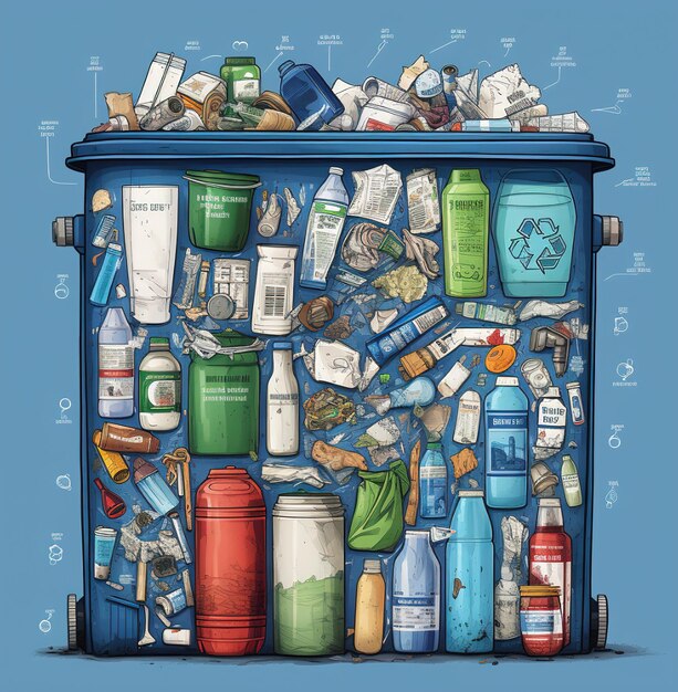 a bin with many different items including a blue and green bottle and a blue background.