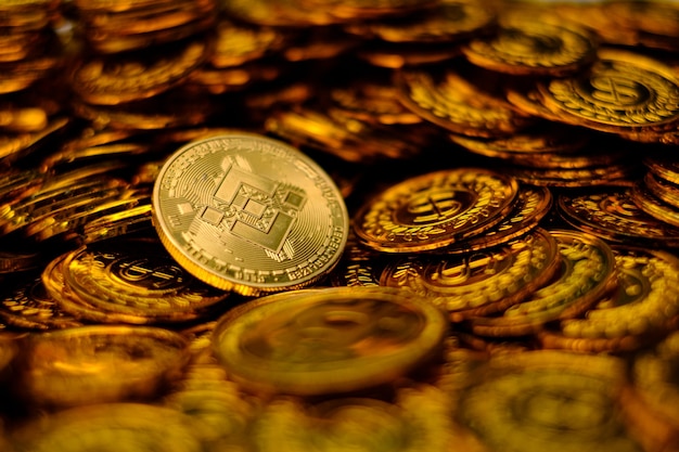 Photo binance coin cryptocurrency on pile gold coins a lot of