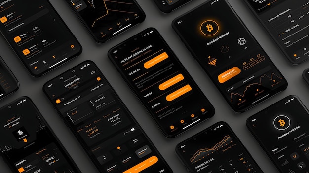 Binance Cryptocurrency Trading Mobile Layout met zwarte en creatieve idee app achtergrond ontwerpen