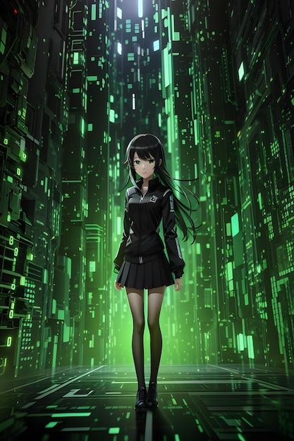 Binary code anime girl anime futuristic girl cyber anime girl AI Generative