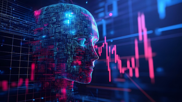 รหัสไบนารีเรียงซ้อนกันเป็นหัวหุ่นยนต์ แผนภูมิหุ้นฉายภาพแบบไดนามิกรอบๆ แสดงถึงการประมวลผลข้อมูล AI และสตรีมข้อมูลการซื้อขายแบบอัลกอริทึม