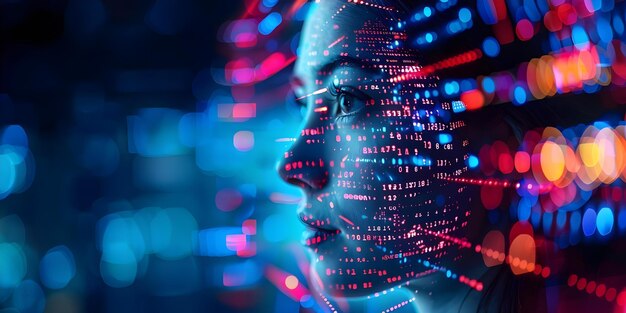 binary code covering human face symbolizing artificial intelligence data processing concept binary code human face artificial intelligence data processing symbolism