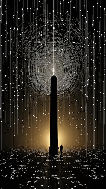 binary code pattern formed by halftone letters creating rays sunlightforming symbols in coding language artificial intelligence with a future backdrop in technology