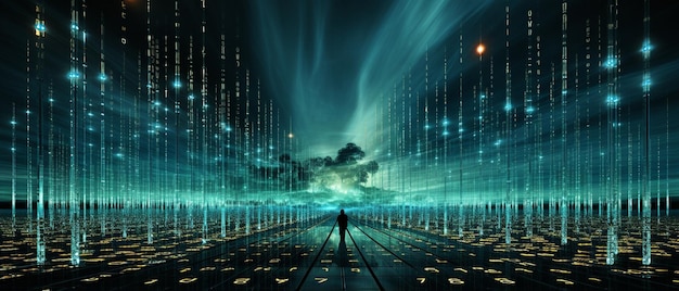 Бинарный код, образованный полутоновыми буквами, создающими лучи Солнечного света, образующими символы в языке кодирования Искусственный интеллект с будущим фоном в технологии