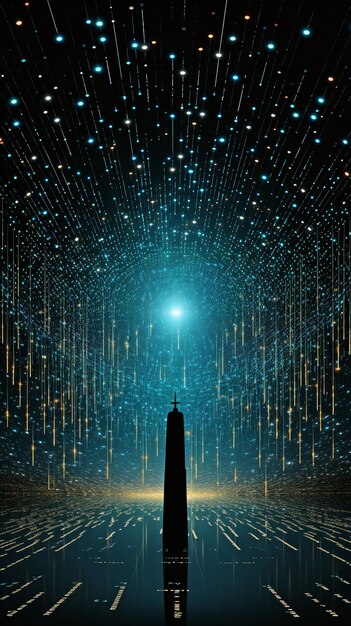 반색 글자로 형성된 이진 코드 패턴, 빛을 창조하는 것, 코딩 언어에서 기호를 형성하는 것, 미래 기술의 배경을 가진 인공지능.