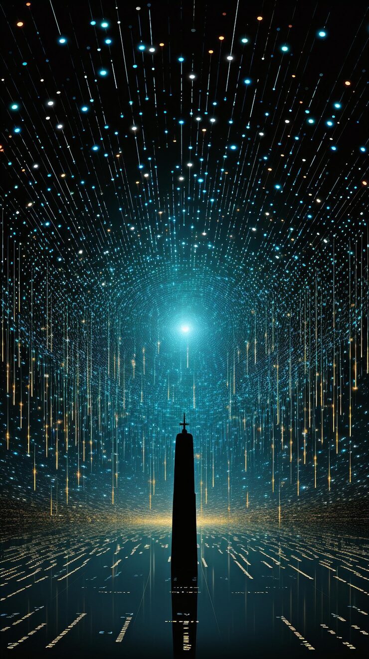 Photo 반색 글자로 형성된 이진 코드 패턴, 빛을 창조하는 것, 코딩 언어에서 기호를 형성하는 것, 미래 기술의 배경을 가진 인공지능.