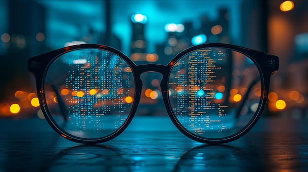 Binary digits and programming reflected on glasses on a dimly lit desk intellectual creative late night desktop lamp light code Fujifilm GFX 100 f2 lens medium shot AI Generative