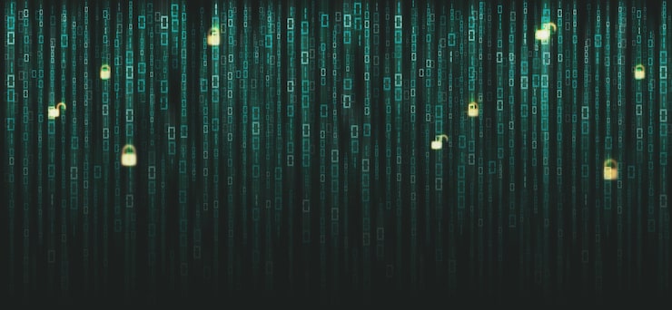 Photo binary matrix code on the screen. numbers of the computer matrix on the internet system. the concept of coding, hacker or mining of cryptocurrency bitcoin.