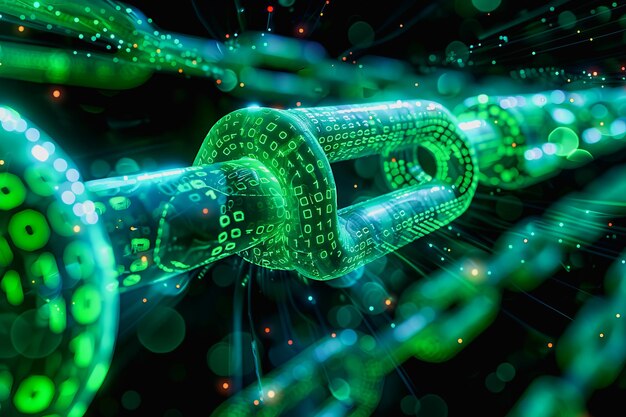 Photo binary numeric data transmission chain of nodes connected in a network form p2p connection