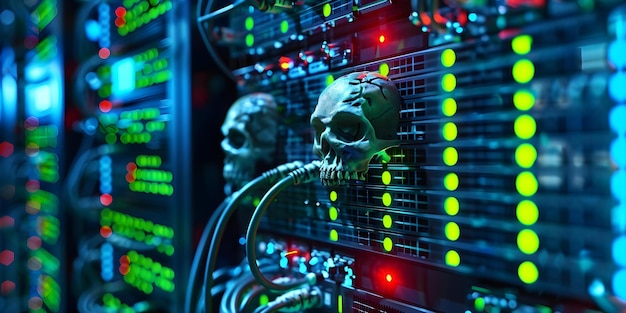 binary skull symbol alert indicating a malware attack on computer server concept cybersecurity malware attack binary code computer server alert notification