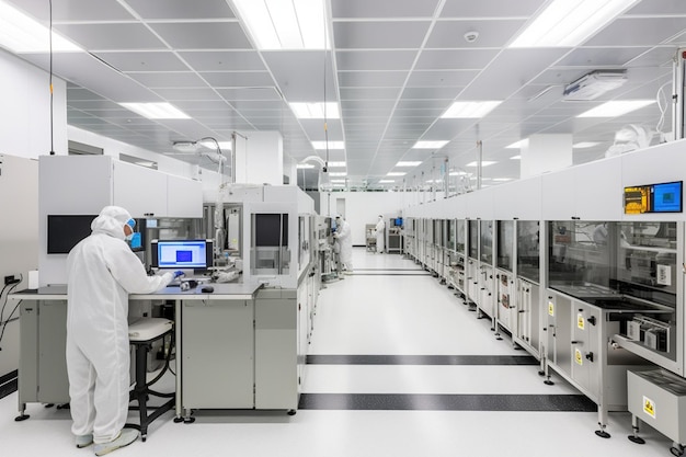 Binnen Bright Advanced Semiconductor Production Fab Cleanroom met werkende overhead Wafer Transfer