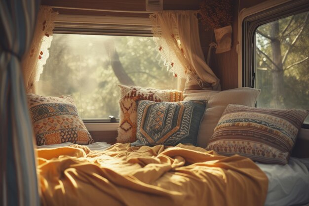 Binnen de camper bus kussens en boho stijl decoratie van het huis op wielen Generatieve AI