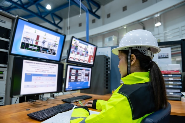 Binnen de grote industriefabriek werkt vrouwelijke computeringenieur aan personal computer. Ze codeert programma voor besturingsmachine.