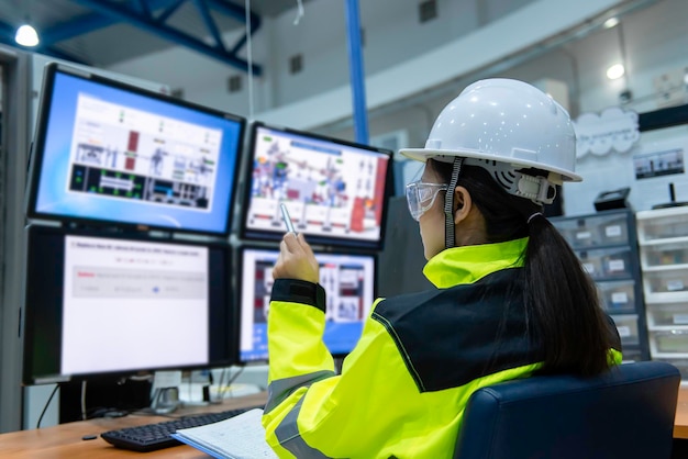 Binnen de grote industriefabriek werkt vrouwelijke computeringenieur aan personal computer. Ze codeert programma voor besturingsmachine.