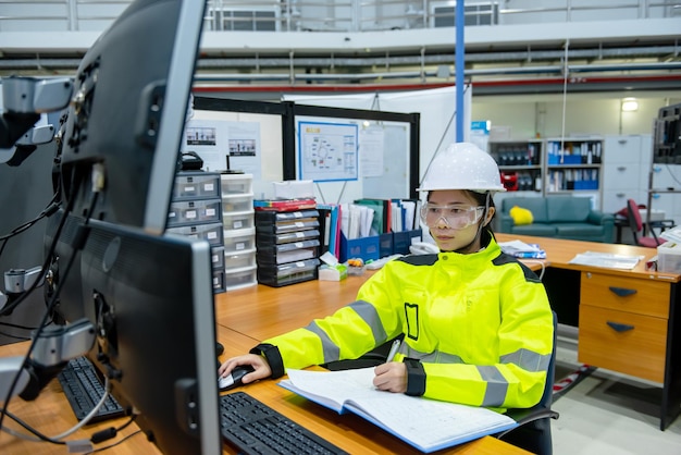 Binnen de grote industriefabriek werkt vrouwelijke computeringenieur aan personal computer. Ze codeert programma voor besturingsmachine.