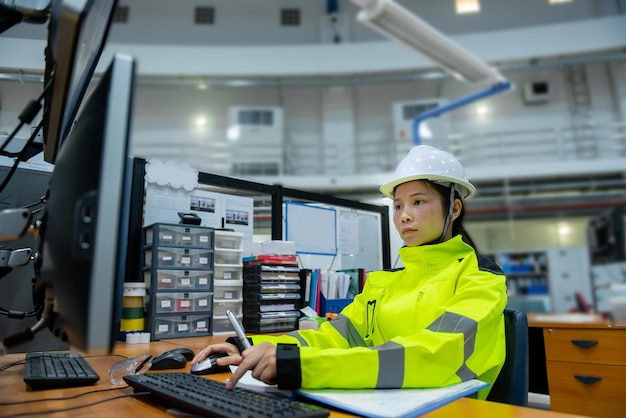 Binnen de grote industriefabriek werkt vrouwelijke computeringenieur aan personal computer. Ze codeert programma voor besturingsmachine.