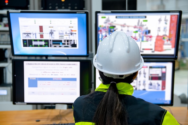 Binnen de grote industriefabriek werkt vrouwelijke computeringenieur aan personal computer. Ze codeert programma voor besturingsmachine.