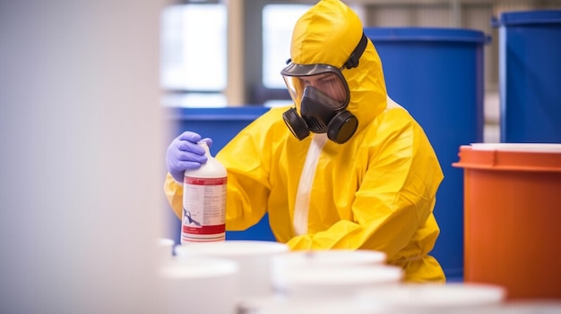 Binnen een chemisch productiebedrijf behandelt een professionele chemische arbeider, gekleed in een beschermend pak en een gasmasker, gevaarlijke materialen Generatieve AI