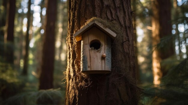 Binnen het bos houten vogelhuisje bevestigd aan een dennenboomstam