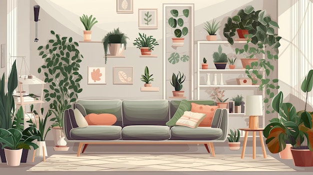 Binnen is een witte woonkamer met een sofa kamerplanten en botanische posters Flat illustratie