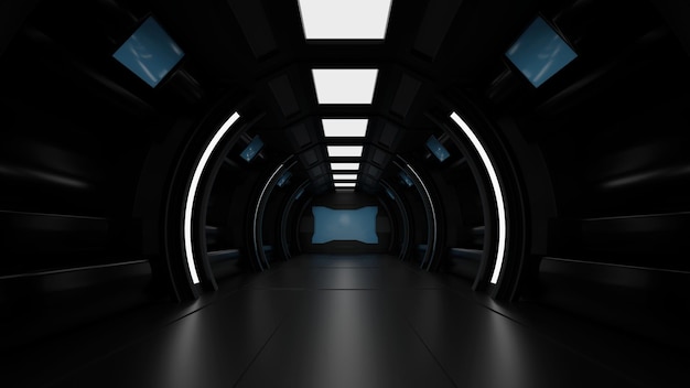 Binnen ruimteschip of ruimtestation interieur SciFi tunnel gang met lege ruimte 3D-rendering