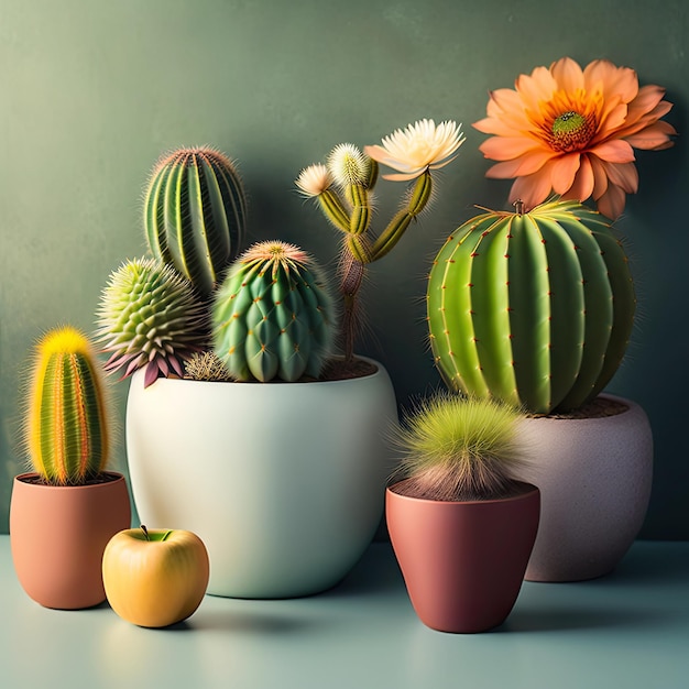 Binnen woestijn tuin cactus sappige plant Peruaanse appel cactus op groene betonnen muur achtergrond