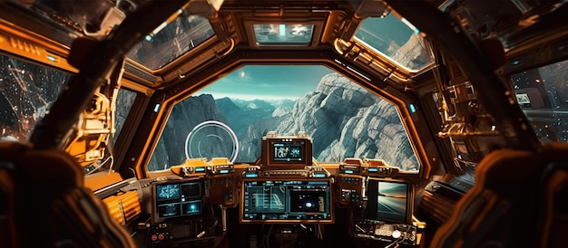 Binnenaanzicht van de scifi-cabine van de piloot