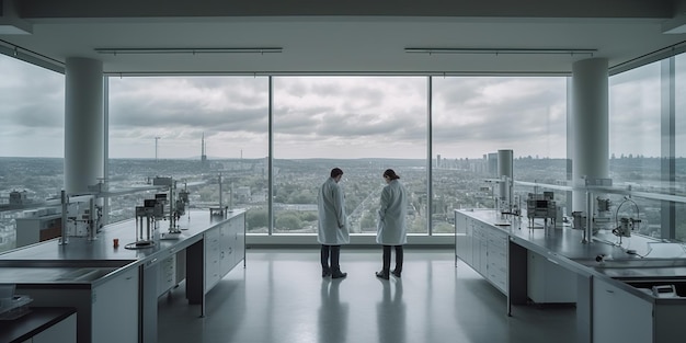 binnenaanzicht van een minimalistisch en technologisch laboratorium met instrumenten en operators