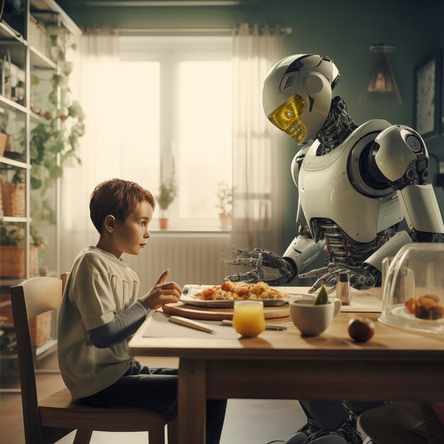 Binnenbeeld van een huis met een jonge jongen die aan tafel zit met een huishoudelijke robot IA die samen eet als een vriend Concept van toekomstige levensstijl voor mensen Technologie en volgende generatie Zonlicht buiten
