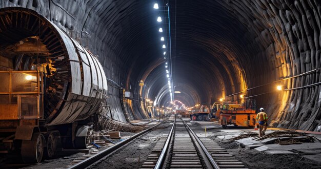 Binnenin de tunnel voor de metro tijdens de bouw