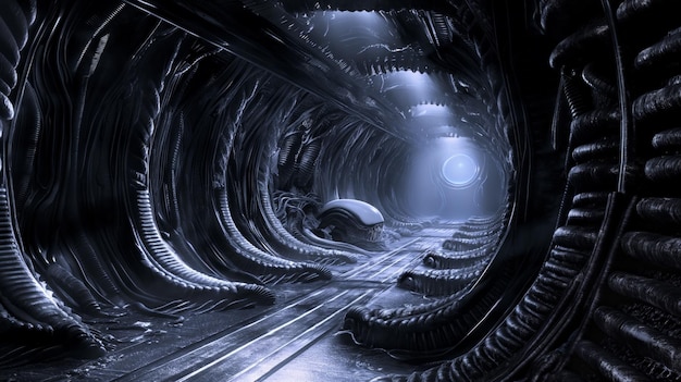 Binnenin een buitenaardse xenomorfe ruimteschip Space Base Corridor