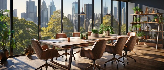 Binnenin een houten kantoorruimte bevindt zich een vergadertafel, stoelen en een panoramisch uitzicht