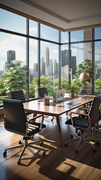 Binnenin een houten kantoorruimte bevindt zich een vergadertafel, stoelen en een panoramisch uitzicht