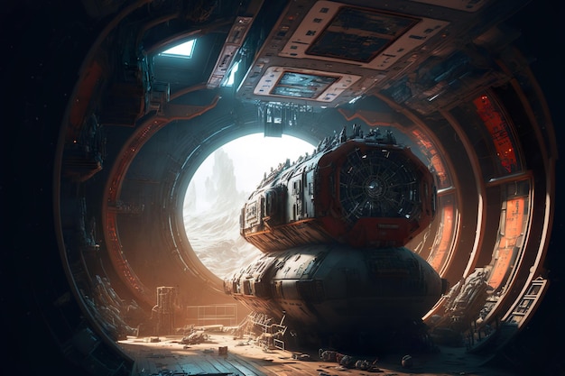 binnenkant van een wrak ruimteschip cyberpunk futuristische evolutie generatieve ai