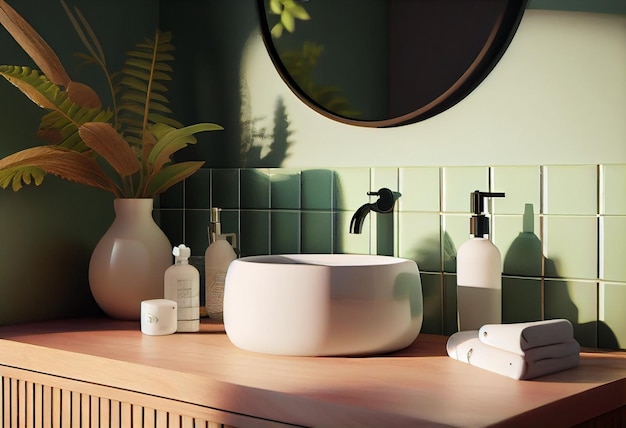 Binnenland van badkamers met ronde spiegel op groene muur ceramische wasbak op houten aanrechtblad en