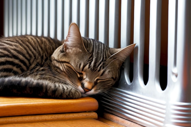 Binnenlands gestreept schattig katje op verwarmingsradiator slaapt opgewarmd