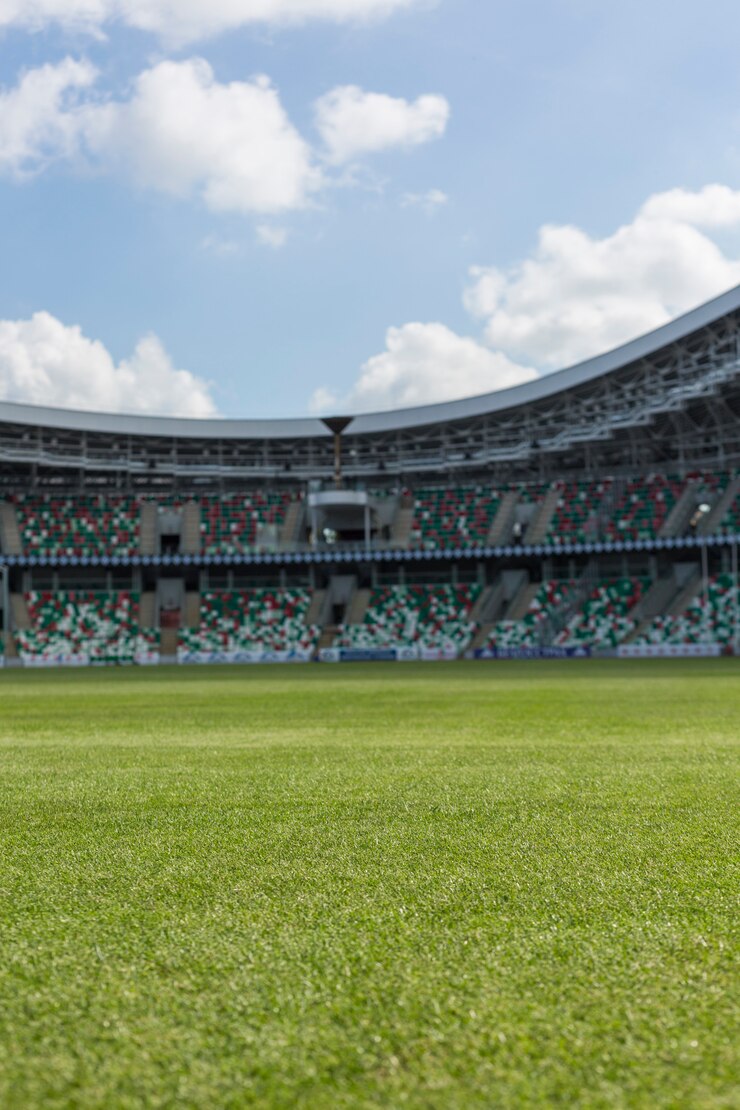 Binnenlandse mening van groen grasgebied en lege plaatsing onder betrokken blauwe hemel