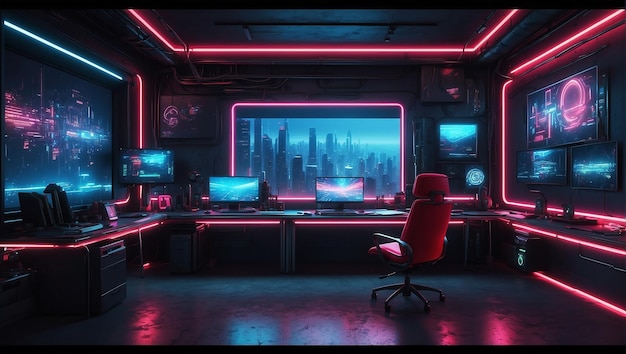 Binnenmuur van een cyberpunk kantoor futuristische neons eenvoudige decoratie multi-kleur matrix