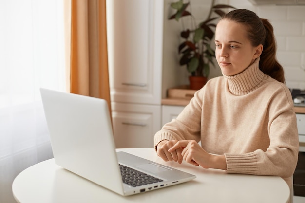 Binnenschot van serieuze geconcentreerde vrouw freelancer met beige trui poserend in de keuken en bezig met notebook met online baan kijkend naar laptopscherm met concentratie