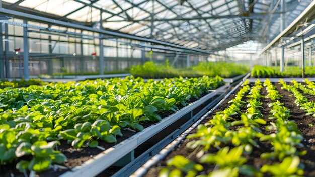 Binnenshuise kas met bloeiend groen