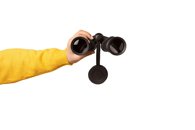 Photo binoculars in hand isolated on white background find and search concept