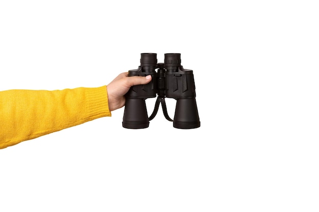 Binoculars in hand isolated on white background search concept