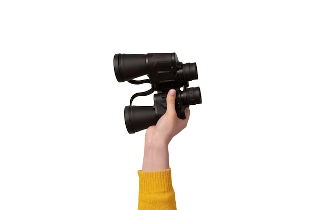 Binoculars in hand isolated on white background search concept