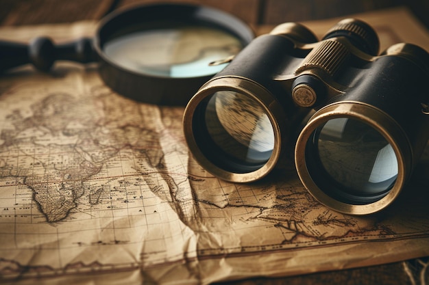 Binoculars maps and magnifying glasses