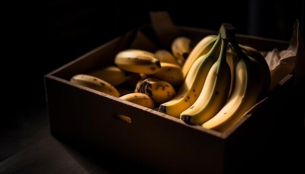 Bio-bananen snack in een rustieke houten container op een zwarte achtergrond gegenereerd door kunstmatige intelligentie