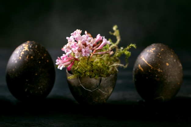 Bio colored black eggs with golden spots