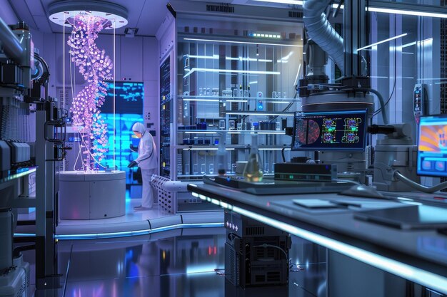 bio engineering lab with ai assisting scientists in custom organism design